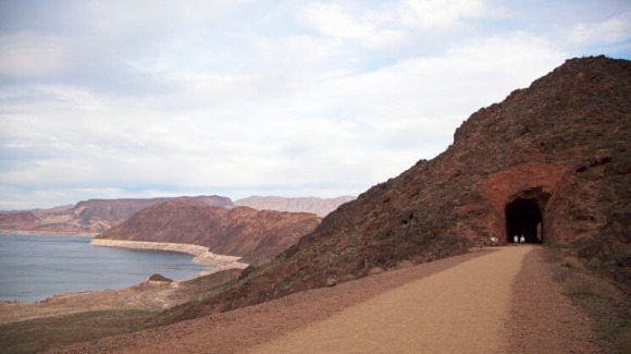 A view of Lake Mead and the entrance to one of the Historic Railroad Tunnels along the trail
