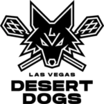 Las Vegas Desert Dogs logo with angular wolf head, crossed lacrosse sticks, and bold team name in black and white