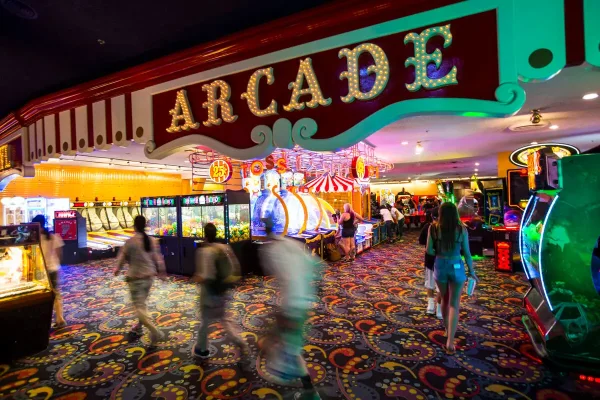 People are walking to the video game arcade at the Circus Circus Las Vegas Midway level