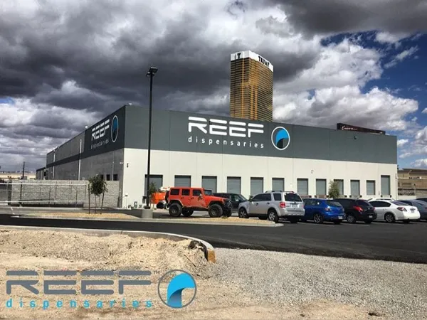 A daytime exterior view of the Reef Dispensary in Las Vegas