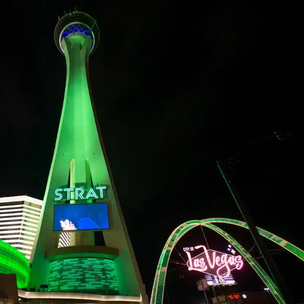 The Stratosphere Tower in Las Vegas is lit up green for St Patrick's Day