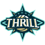Vegas Thrill volleyball team logo with compass rose design and bold white lettering on teal background