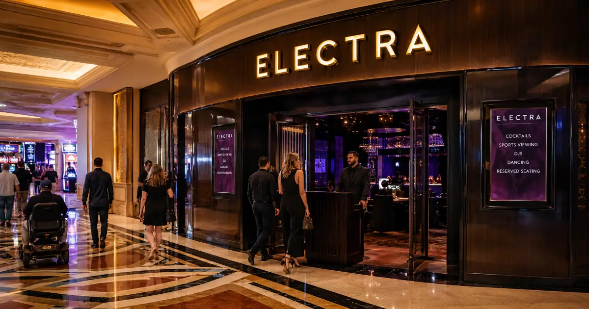 The illuminated curved entrance to Electra Cocktail Club on The Palazzo casino floor in Las Vegas.