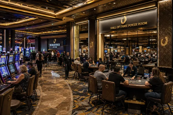 Adult guests play casino games near the Hall of Fame Poker Room at Horseshoe Las Vegas.