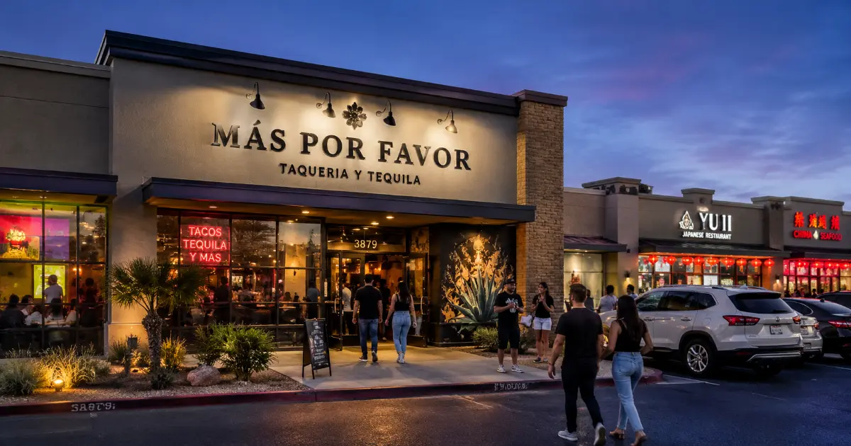 Guests arrive at Más Por Favor Taqueria y Tequila on Spring Mountain Road in Las Vegas Chinatown.