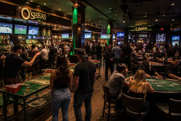 Adults play beer pong and table games inside O'Sheas Irish Pub at The LINQ in Las Vegas.