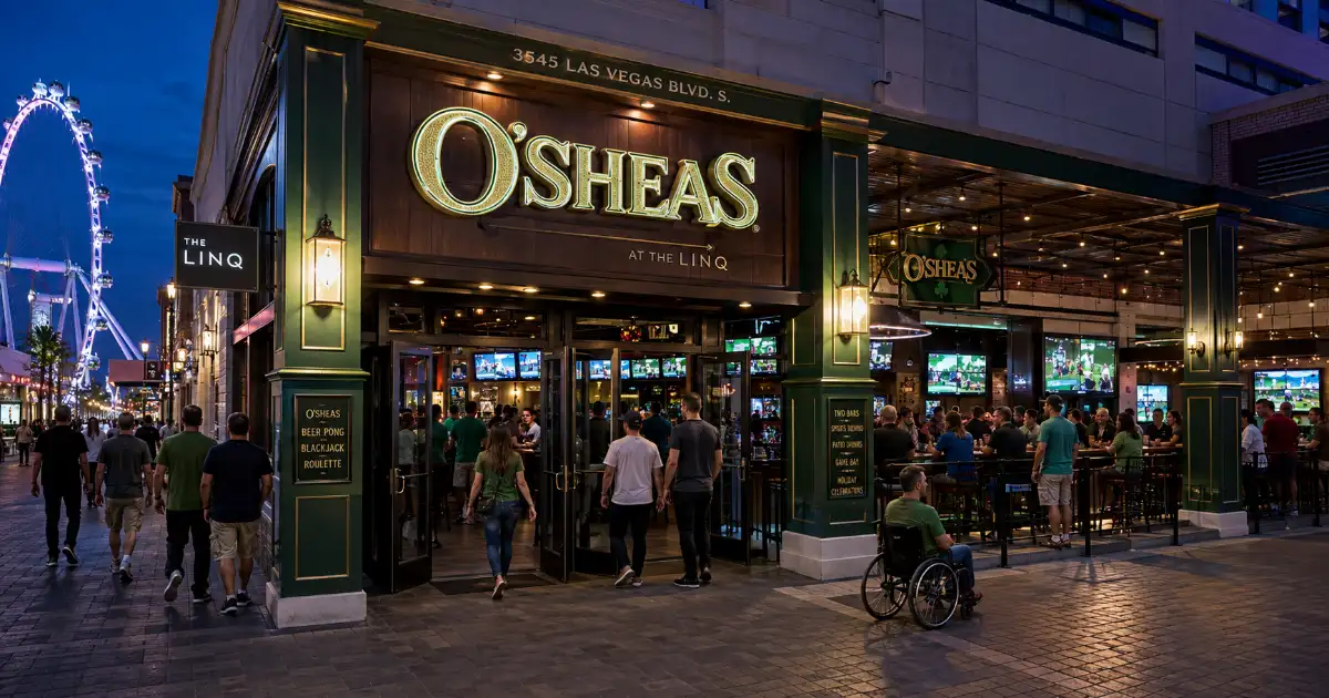 Adult guests enter O’Sheas casino pub beside The LINQ Promenade in Las Vegas.