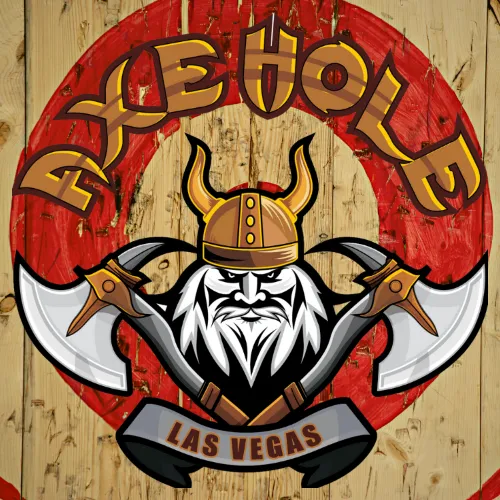 This is a picture of a wooden sign for Axe Hole Las Vegas Axe throwing