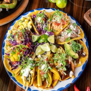 This is an image of a plate full of Eldorado Cantina's Nacho Tacos Supremos