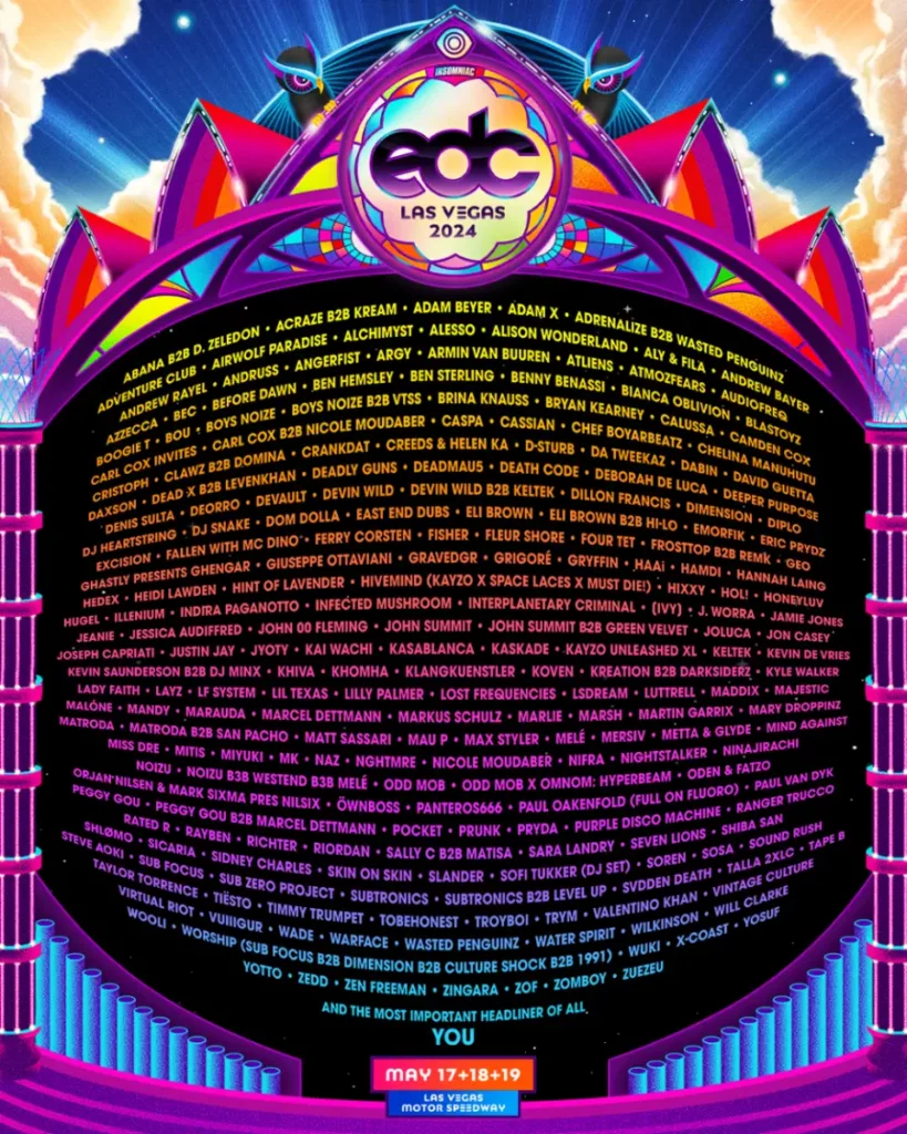 This is a poster with the Full performer line up list for the Electric Daisy Carnival in Las Vegas 2024