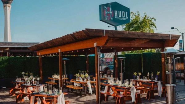 This is an image of the outdoor patio at the HUDL Brewing Company in Las Vegas