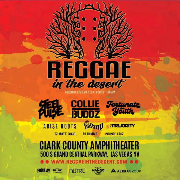 This is a flyer for the Reggae in the Desert event held at the Clark County Amphitheater in Las Vegas
