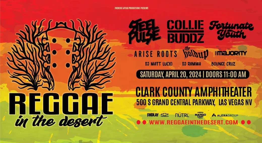 This is a large banner ad for the event Reggae in the Desert held in the Clark County Amphitheater in Las Vegas