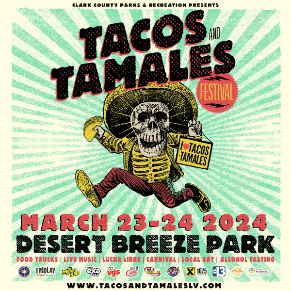 This is a flyer for the Tacos and Tamales Festival in Las Vegas