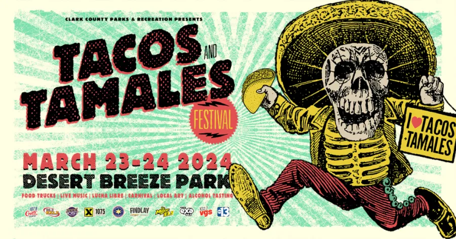 This is a flyer for the Tacos and Tamales Festival in Las Vegas at the Clark County Amphitheater