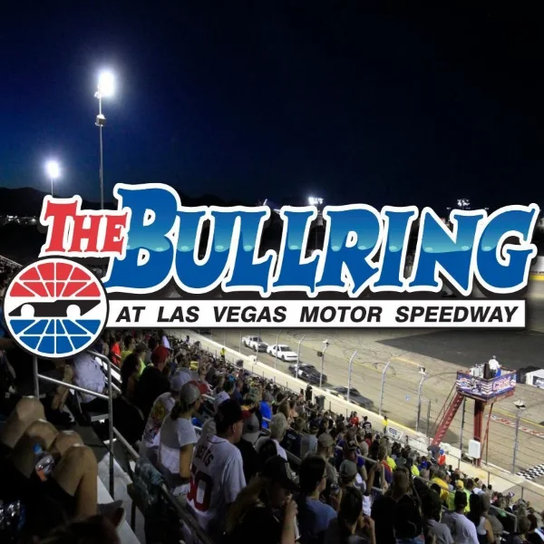 This is a picture of cars racing at The Bullring track at Las Vegas Motor Speedway