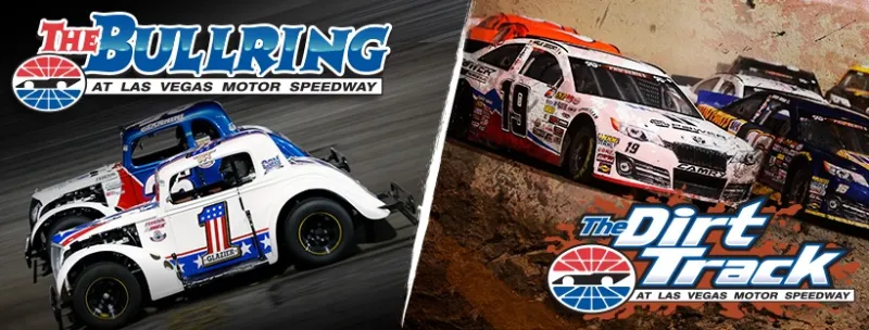 This is a two paned picture of cars racing at The Bullring track at Las Vegas Motor Speedway