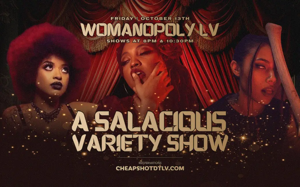 This is an advertisement for a show called Womanopoly a Salacious Variety Show at Cheapshots Las Vegas