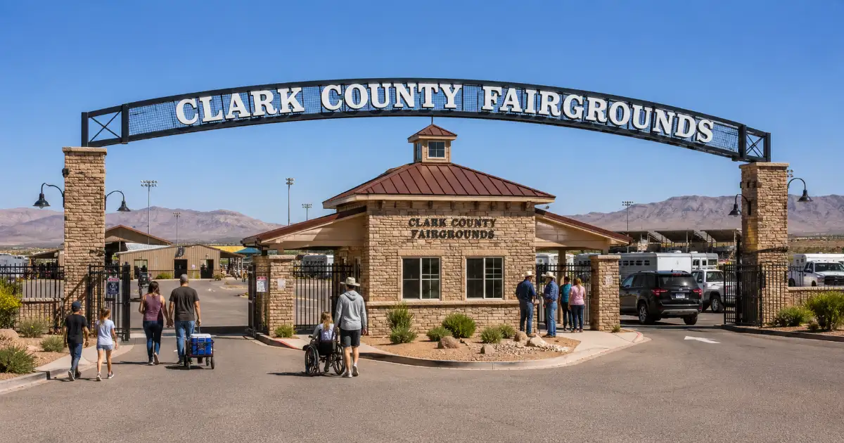 Visitors arrive at Clark County Fairgrounds in Logandale, Nevada.