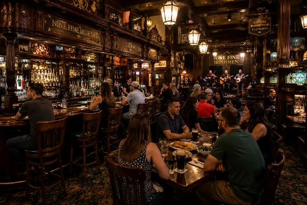Guests enjoy Irish food and nightly music inside Nine Fine Irishmen at New York-New York.