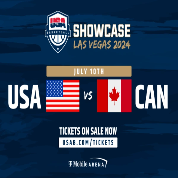 This is a poster for usa vs Canada basketball showdown tickets in Las Vegas 2024