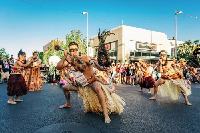 This is a photo of dancers in the Lei Day Parade in Downtown Summerlin