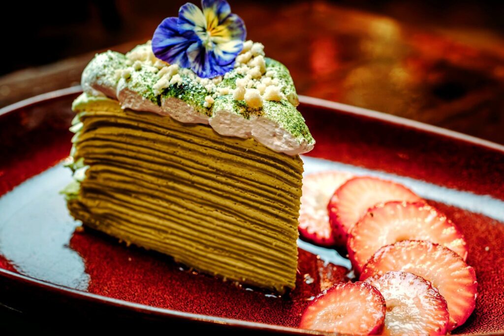 Matcha crepe cake with green tea chantilly cream