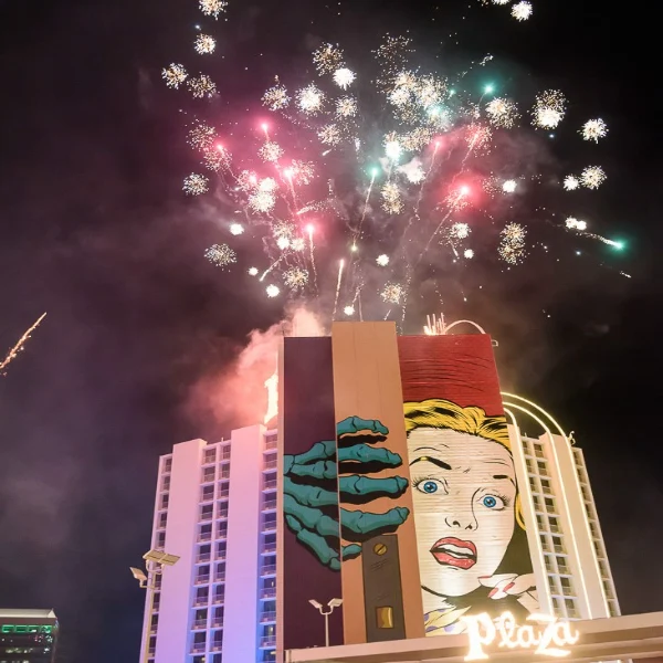 This is a photograph of a free Fireworks Show at the Plaza Hotel and Casino in downtown Las Vegas