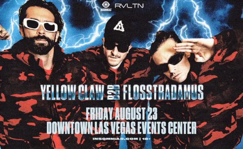 This is a concert poster for the Yellow Claw B2B Flosstradamus Concert in Las Vegas in 2024