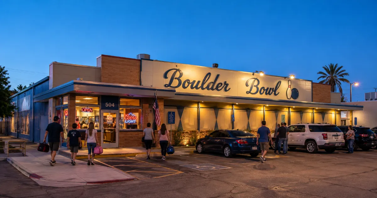 Families arrive at the historic Boulder Bowl bowling alley in Boulder City.