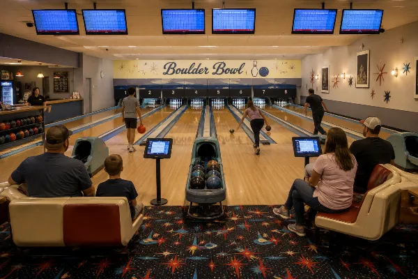 Bowlers use the eight vintage lanes and updated scoring tablets inside Boulder Bowl.