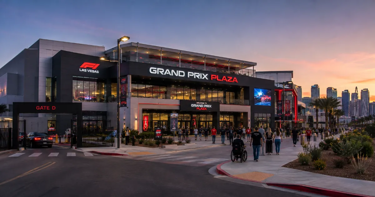 Visitors arrive at the modern Grand Prix Plaza Formula 1 attraction on Koval Lane in Las Vegas.