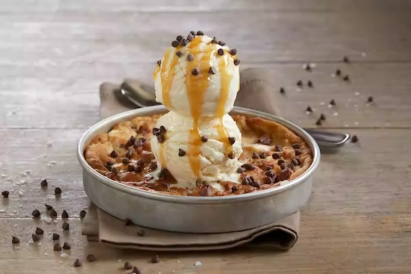 This is a picture of a free birthday pizookie from BJs Restaurant Brewhouse