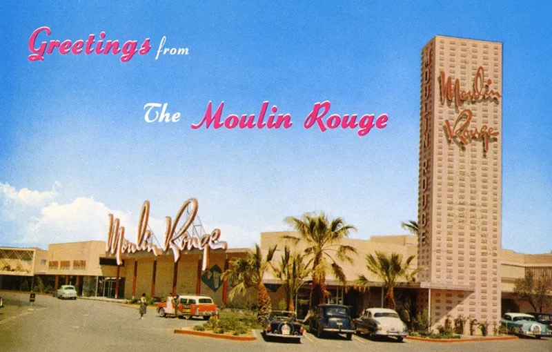 A postcard featuring the historic Moulin Rouge Hotel and Casino in Las Vegas.