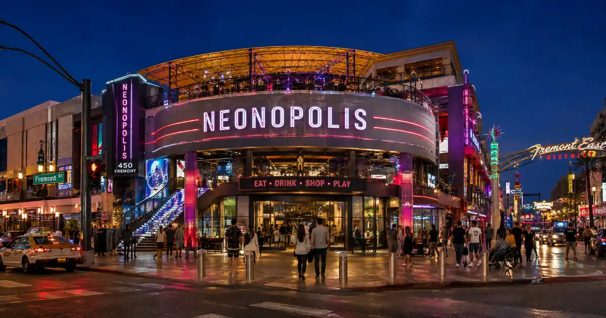 Visitors enter the multilevel Neonopolis entertainment complex on Fremont Street in Downtown Las Vegas.