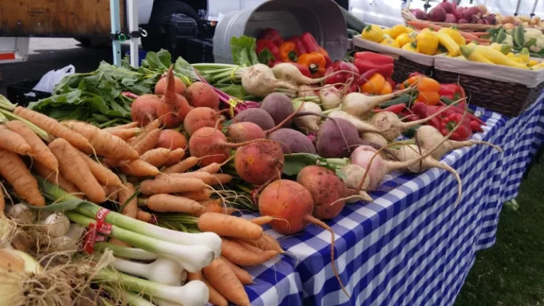 A produce table at Bruce Trent Park Farmers Market