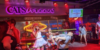 Performers on stage at Cat’s Meow karaoke bar at Neonopolis in Downtown Las Vegas