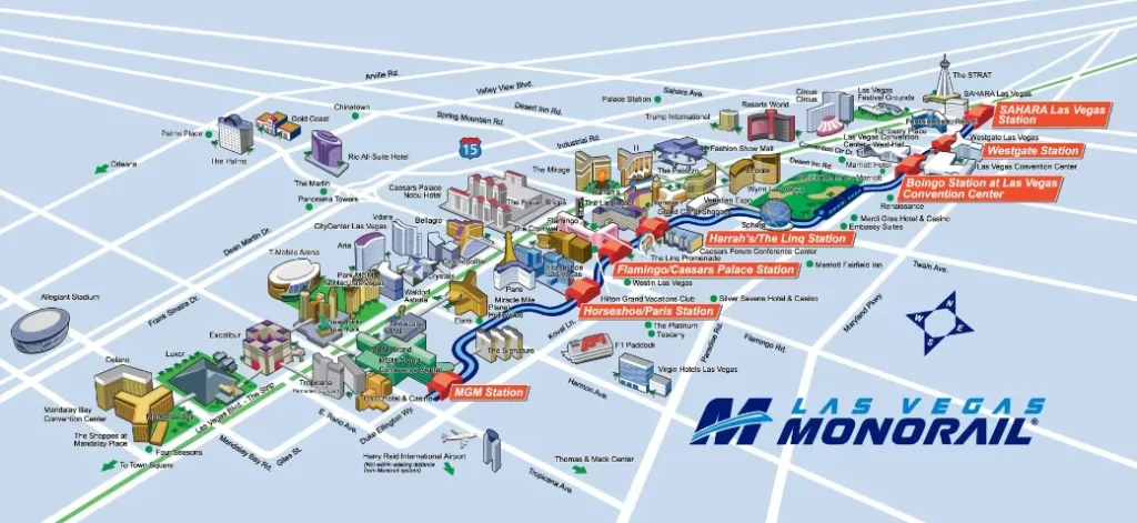 Illustrated Las Vegas Monorail route map with labeled stations hotels and landmarks along the Strip