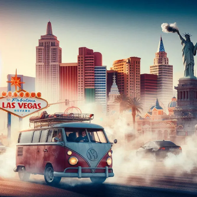 Volkswagen bus driving in Las Vegas while looking for a smog check station