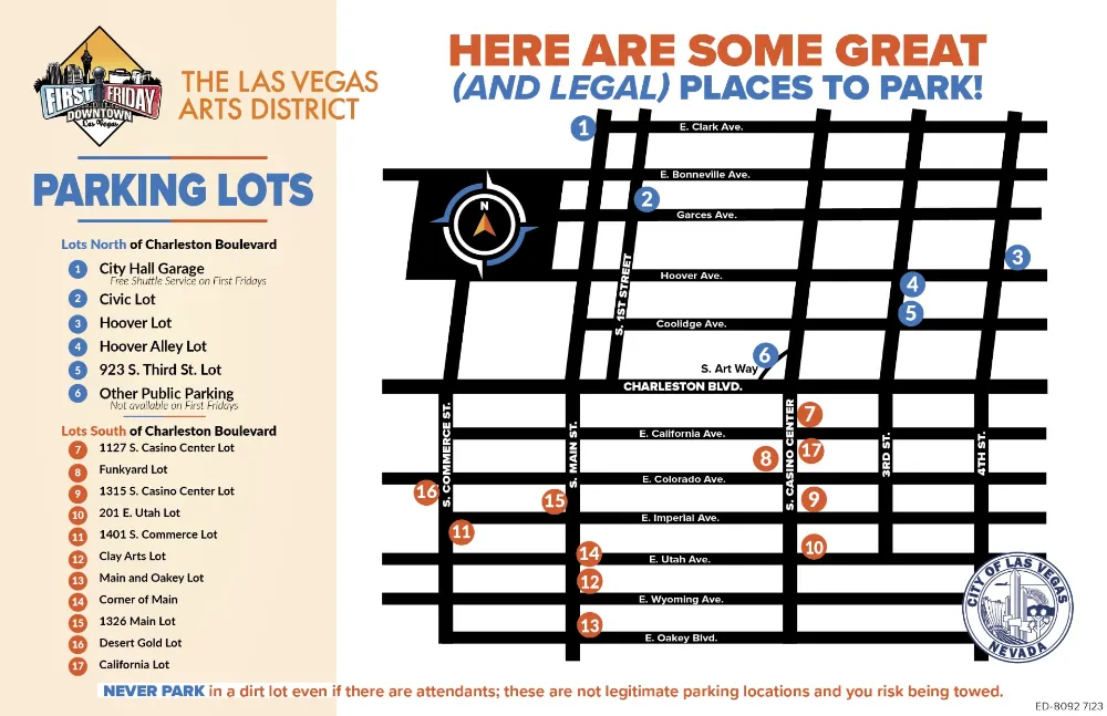 A detailed parking map for the First Friday event in the Las Vegas 18b Arts District, showing designated parking lots numbered 1 through 17. The lots are split between north and south of Charleston Boulevard and include named locations such as City Hall Garage, Hoover Lot, Funkyard Lot, and Desert Lot. The map includes a warning against parking in unpaved dirt lots due to towing risks. Streets, intersections, and landmarks help orient viewers, with a north-pointing compass rose in the bottom corner. Official logos from the Las Vegas Arts District and the City of Las Vegas appear on the map.
