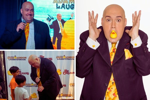 A collage of images from the Adam London Laughternoon show in Las Vegas, showing the magician with ducks and a crowd in the audience, with the show's logo behind him.