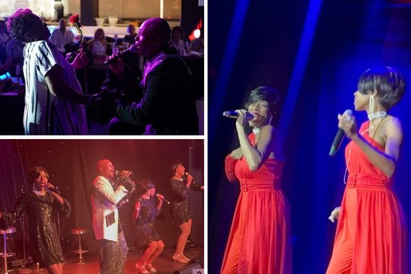 A promotional image for the All Motown Brunch Show, showing a group of female performers in elegant costumes with a buffet in the background.