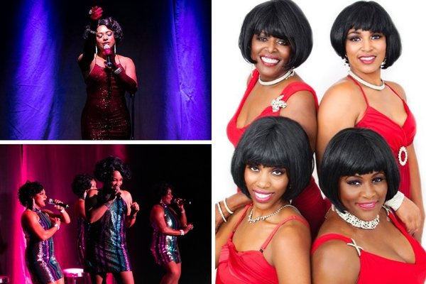 A promotional collage for the All Motown Las Vegas show, showing the all-female vocal group The Duchesses in different costumes on a stage.