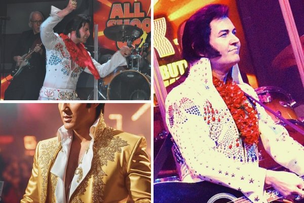 A promotional image for the All Shook Up Elvis tribute show, showing the Elvis impersonator on a stage in a red jumpsuit, with a crowd of people in the background.