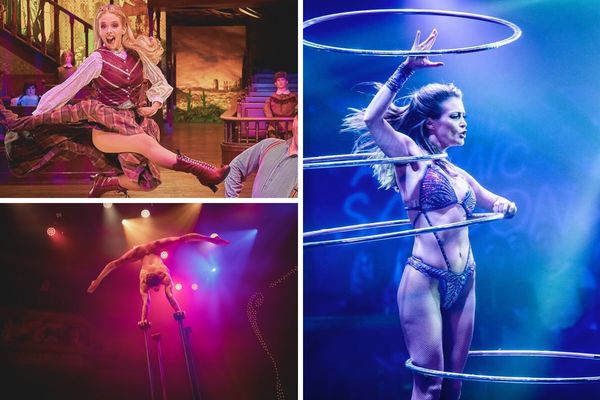 A promotional collage for the Atomic Saloon Show, with the cast of performers in a Wild West setting, dancing and performing acrobatic stunts.