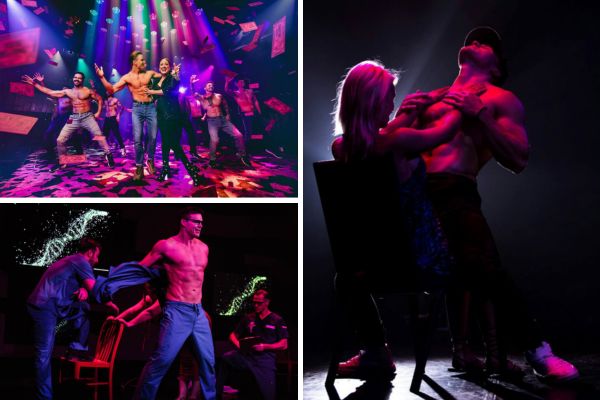 A promotional image for the Aussie Heat Las Vegas show, showing the all-male dance revue cast posing in a warehouse setting.