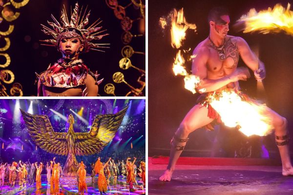 A promotional image for the Awakening show, showing multiple performers in a dramatic stage setting with colorful costumes and incredible choreography.