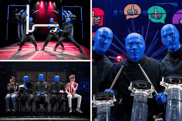 A promotional image for the Blue Man Group Las Vegas show, featuring the three performers with blue painted heads and a splash of paint on a drum.