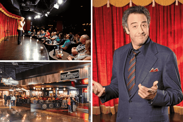 A promotional image for Brad Garrett's Comedy Club in Las Vegas, showing the comedian with a microphone in front of a red curtain and a sign with his name.