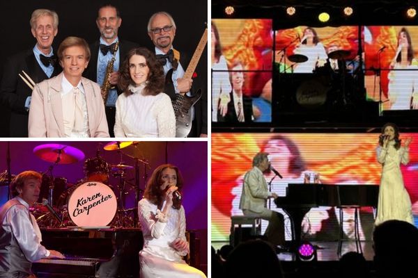 A promotional image for the Carpenters Legacy tribute show in Las Vegas, showing the two performers, Sally Olson and Ned Mills, on a stage with a piano and a live band in the background.